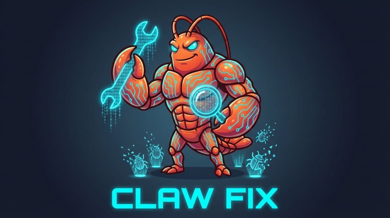 Claw Fix — a cybernetic lobster wielding a wrench and magnifying glass, crushing bugs
