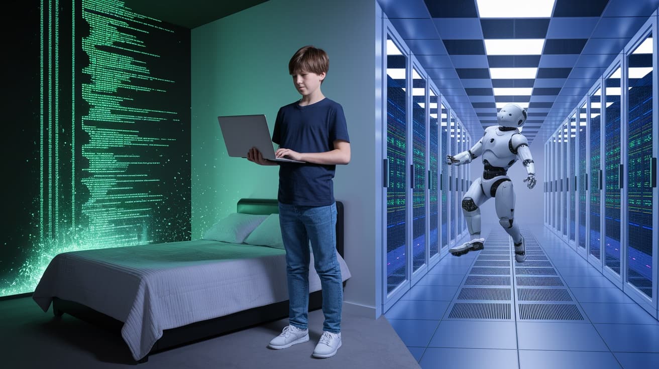 OpenClaw Clawdbot — a teenager holding a laptop as a world of AI software and technology unfolds around him