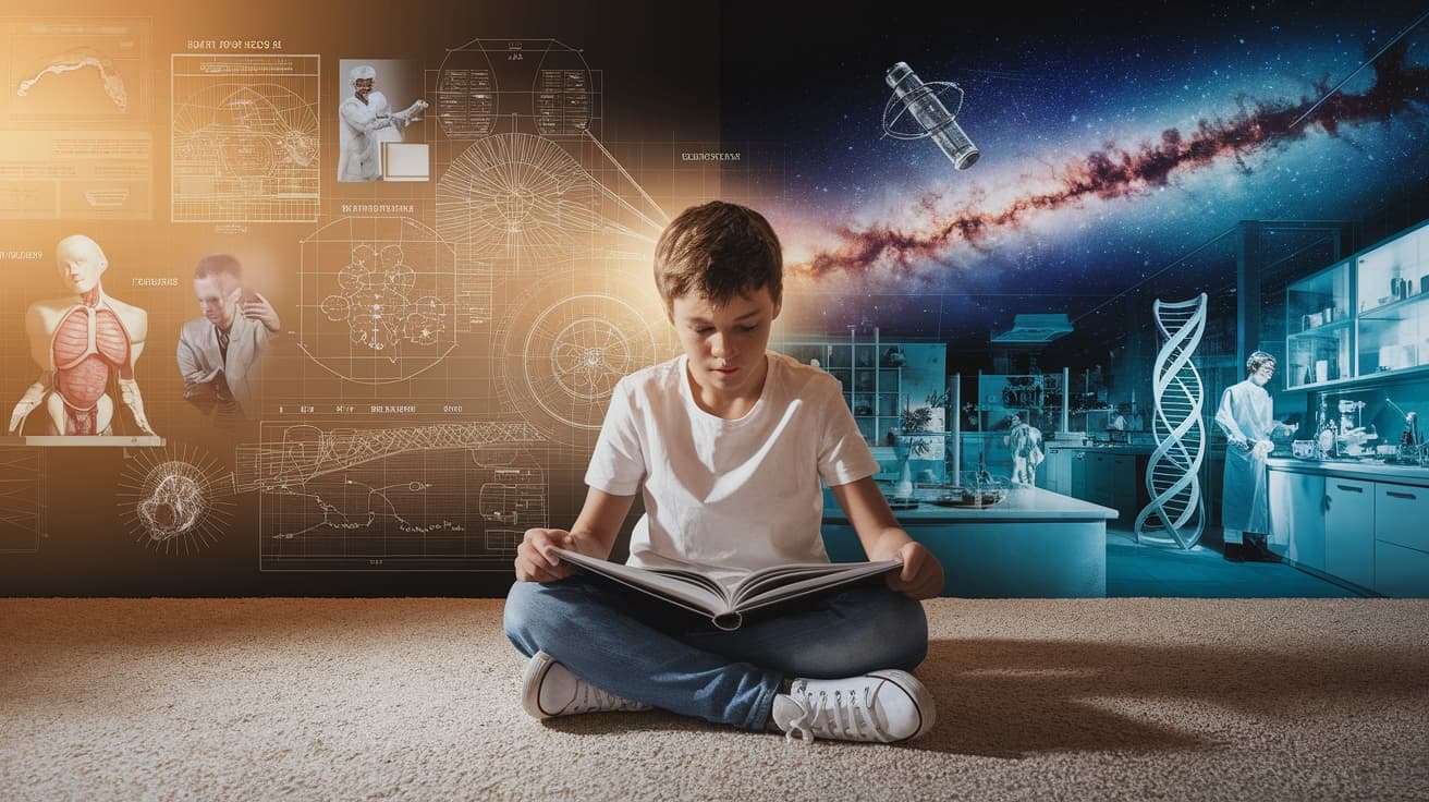 A teenager reading a book as scenes of science, medicine, and engineering come to life — AI courses for beginners